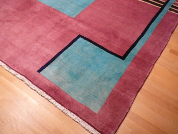 Preview: Vintage Bauhaus Teppich 254x200 cm (8.3x6.6 ft). Handgeknüpft aus Wolle auf Baumwollkette, geometrisch-florales Design, Unikat im Top-Zustand.