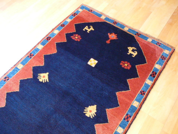 Gabbeh Persian rug 9.2 x 3.5 ft Blue Red Wool Runner 13361