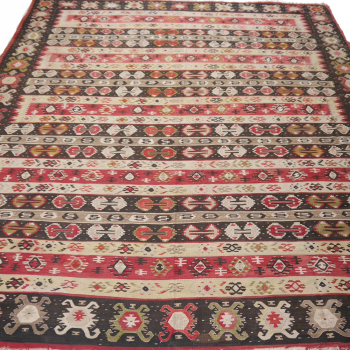 14327 Sarkoy Kilim antique rug 9.4 x 7.9 ft - 285 x 242 cm Old Sarkoy / Piroter Kelim from the Serbian-Bulgarian border area. Rare Sarkoy Pirot piece of a fine quality and for the age in very good condition. Sarkoy Keilim are known for their unique design