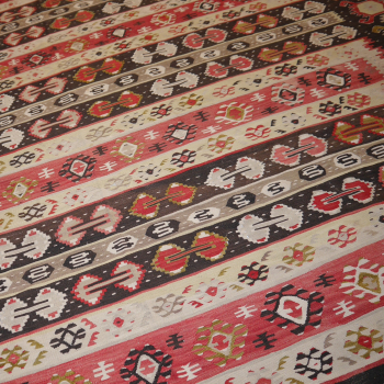 14327 Sarkoy Kilim antique rug 9.4 x 7.9 ft - 285 x 242 cm Old Sarkoy / Piroter Kelim from the Serbian-Bulgarian border area. Rare Sarkoy Pirot piece of a fine quality and for the age in very good condition. Sarkoy Keilim are known for their unique design