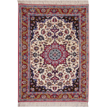 Isfahan Esfahan rug 3.4 x 2.5 ft / 102 x 76 cm Red Beige Wool Silk Persian Isfahan / Esfahan hand knotted rug. Very fine quality, about 650 kpsi. Kurkwool and silk pile and pure silk warp and weft.