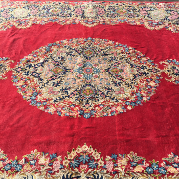14942 Kerman worn to perfection Ravar Lavar Persian Rug 13.5 x 10 ft / 405 x 315 cm red, blue, green, beige, vintage