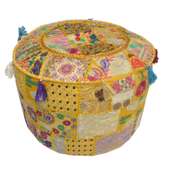 15186 Indian Pouf Yellow Vintage Patchwork Footstool Ottoman