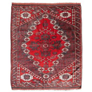 Kiz Bergama semi antique carpet red gray rare 4.2 x 3.7 ft hand-knotted