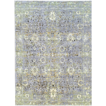 Modern design rug hand-knotted. Design: Abstract Collection: Anastasia by Djoharian Design Colors: beige, gray, blue Pile: fine virgin sheep's wool and viscose (bamboo silk) Size: Small accent format, 7 x 5 ft Knot density: 100 knots per square inch / 157