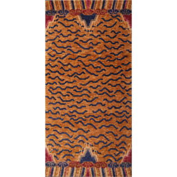 16085 Tibetan Tiger Rug 6 x 3 ft hand-knotted Brown Blue Red Pink