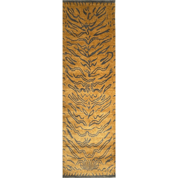 Tibetischer Teppich Tiger Läufer 215 x 62 cm echte Seide und Wolle Gold handgeknüpft