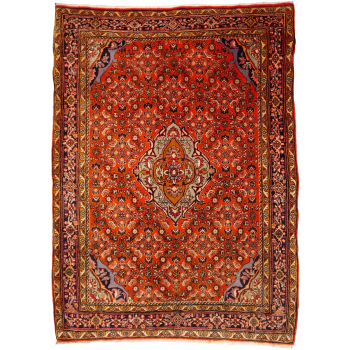 Hand-knotted Persian Bidjar rug (approx. 5'3" x 3'9") with Herati pattern. Warm terracotta field, blue-grey medallion & blue border. A durable unique piece.