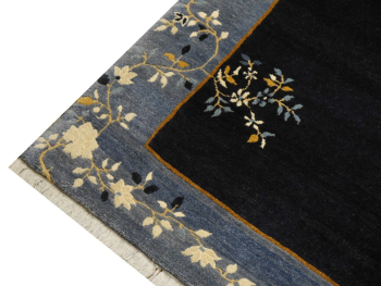Hand-knotted Chinese rug in Peking design, navy blue with light blue border, 244 x 200 cm. 8 x 6.6 ft