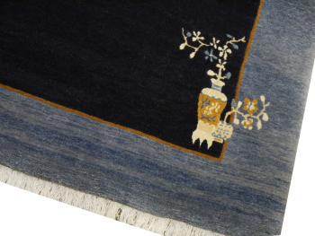 Hand-knotted Chinese rug in Peking design, navy blue with light blue border, 244 x 200 cm. 8 x 6.6 ft