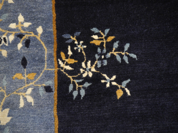 Hand-knotted Chinese rug in Peking design, navy blue with light blue border, 244 x 200 cm. 8 x 6.6 ft