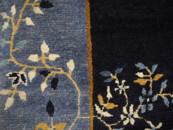 Hand-knotted Chinese rug in Peking design, navy blue with light blue border, 244 x 200 cm. 8 x 6.6 ft