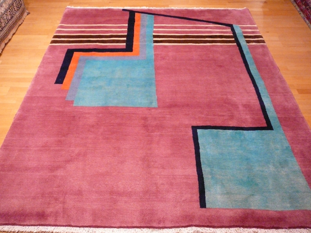 Shop vintage Bauhaus rug 254x200 cm (8.3x6.6 ft). Hand-knotted wool, cotton base, geometric floral design. Unique one-of-a-kind vintage carpet. 09534