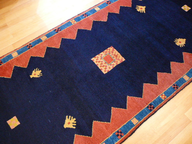 Gabbeh Persian rug 9.2 x 3.5 ft Blue Red Wool Runner 13361