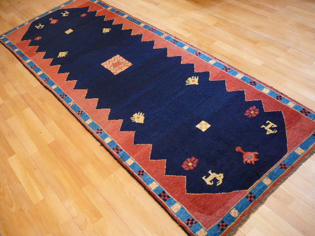Gabbeh Persian rug 9.2 x 3.5 ft Blue Red Wool Runner 13361