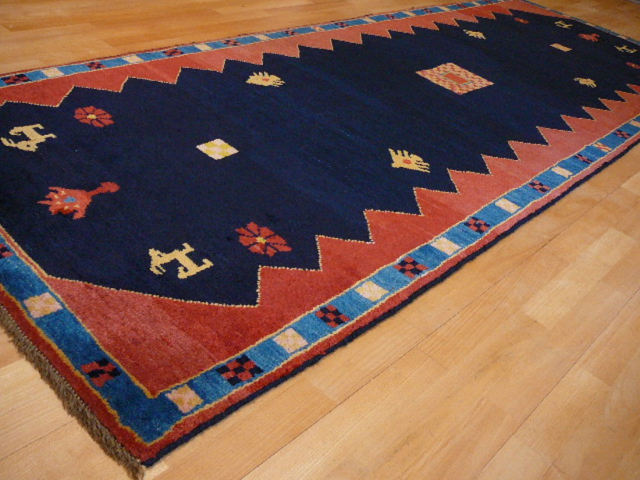 Gabbeh Persian rug 9.2 x 3.5 ft Blue Red Wool Runner 13361
