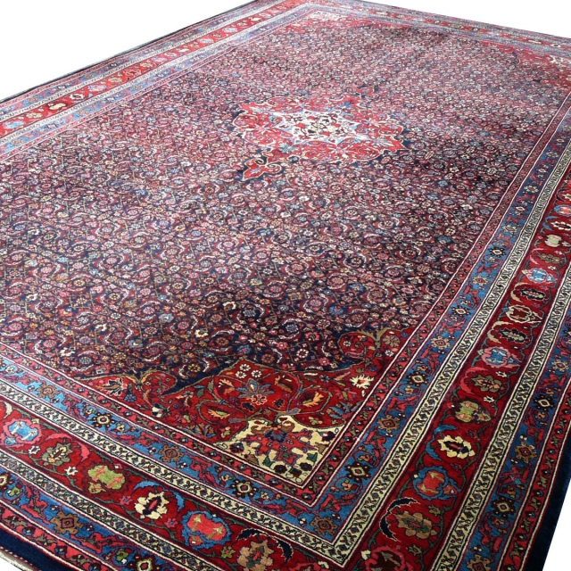 Antique Bidjar rug Halwai 17 x 10 oversized blue wool hand knotted