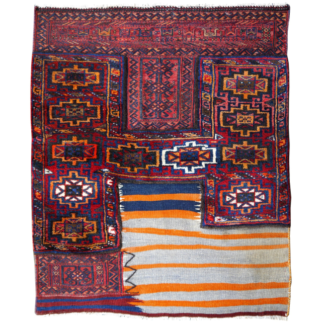 Bachtiari Soumak Sattel Teppich alt 118 x 102 cm handgeknüpft, handgewebt und handbestickt.