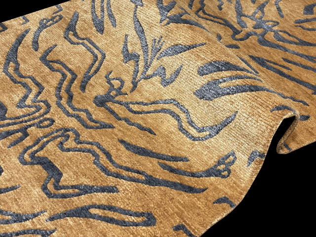 Tibetischer Teppich Tiger Läufer 215 x 62 cm echte Seide und Wolle Gold handgeknüpft