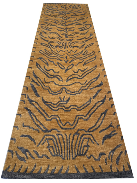 Tibetischer Teppich Tiger Läufer 215 x 62 cm echte Seide und Wolle Gold handgeknüpft