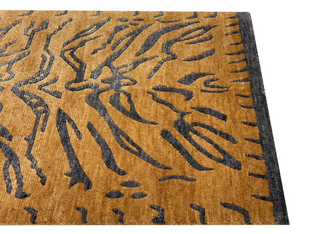 Tibetischer Teppich Tiger Läufer 215 x 62 cm echte Seide und Wolle Gold handgeknüpft