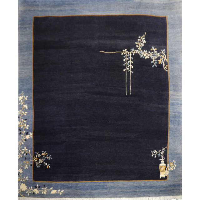 Hand-knotted Chinese rug in Peking design, navy blue with light blue border, 244 x 200 cm. 8 x 6.6 ft