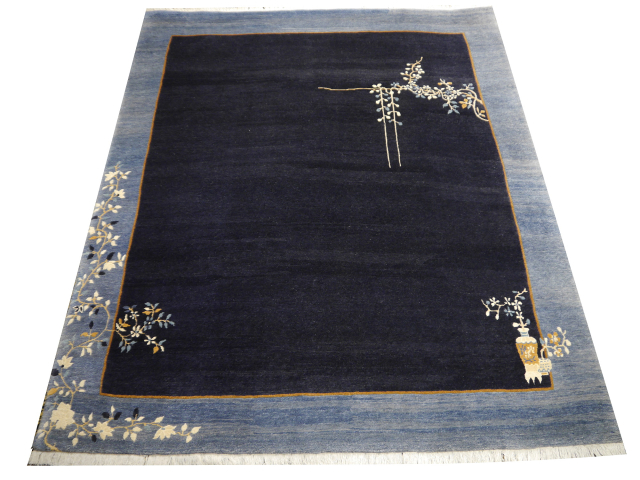 Hand-knotted Chinese rug in Peking design, navy blue with light blue border, 244 x 200 cm. 8 x 6.6 ft