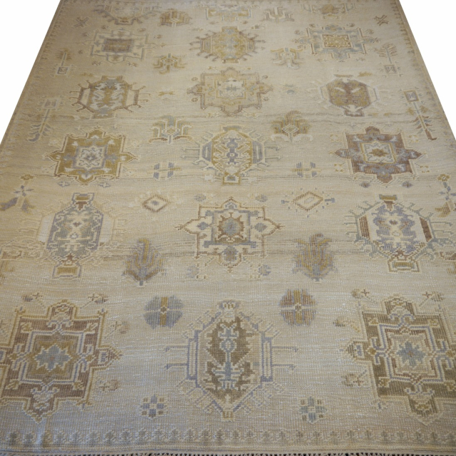 8x10 area rug beige wool, hand-knotted vintage Oushak style living room rug. 15629
