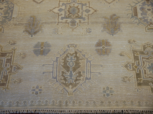 8x10 area rug beige wool, hand-knotted vintage Oushak style living room rug.