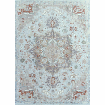 Shop a luxurious Heriz living room rug, hand-knotted in India. Beige & blue tones, 360 x 280 cm, made from wool & viscose. Perfect for your home!